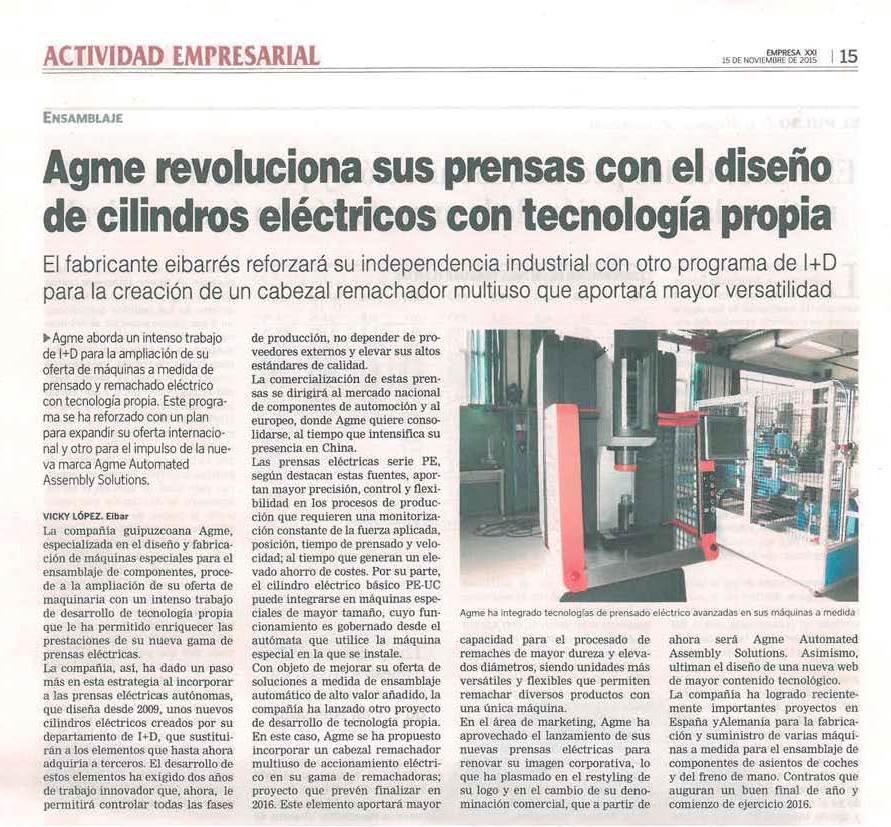 Empresa XXI: AGME revoluciona sus prensas con el diseño de cilindros eléctricos con tecnología propia