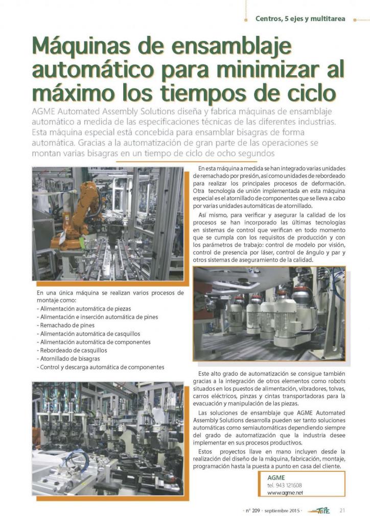 Revista Tope: Máquinas de ensamblaje automático que minimizan los tiempos de ciclo