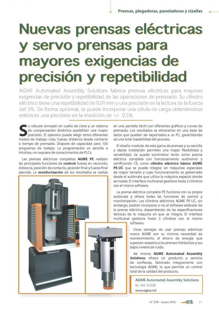 Revista Tope: Prensas Eléctricas AGME para mayores exigencias de precisión y repetibilidad